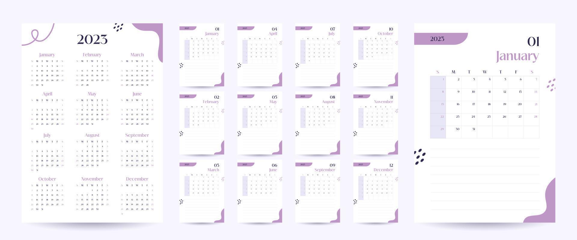 modelo de calendário de parede mensal 2023 em estilo minimalista moderno, conceito de capa, semana começa no domingo, 2023 design de planejador de calendário mínimo para impressão de modelo em roxo vetor