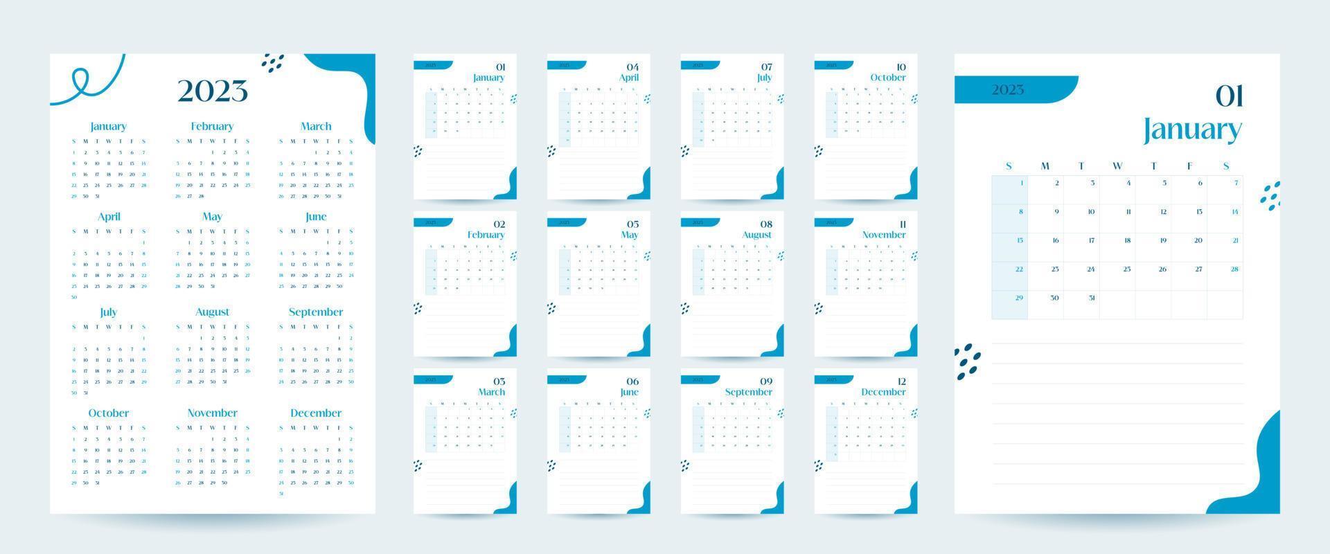 modelo de calendário de parede mensal 2023 em estilo minimalista moderno, conceito de capa, semana começa no domingo, 2023 design de planejador de calendário mínimo para impressão de modelo em azul vetor