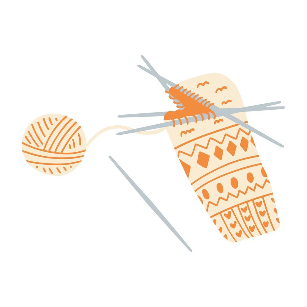 meia de malha em agulhas e bola de fios. ilustração vetorial desenhada à mão do processo de tricô, conceito de hobby, bordado de tempo de lazer vetor