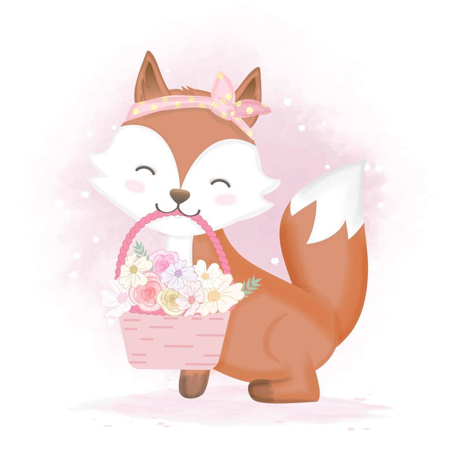 raposa carregando uma cesta de flores vetor