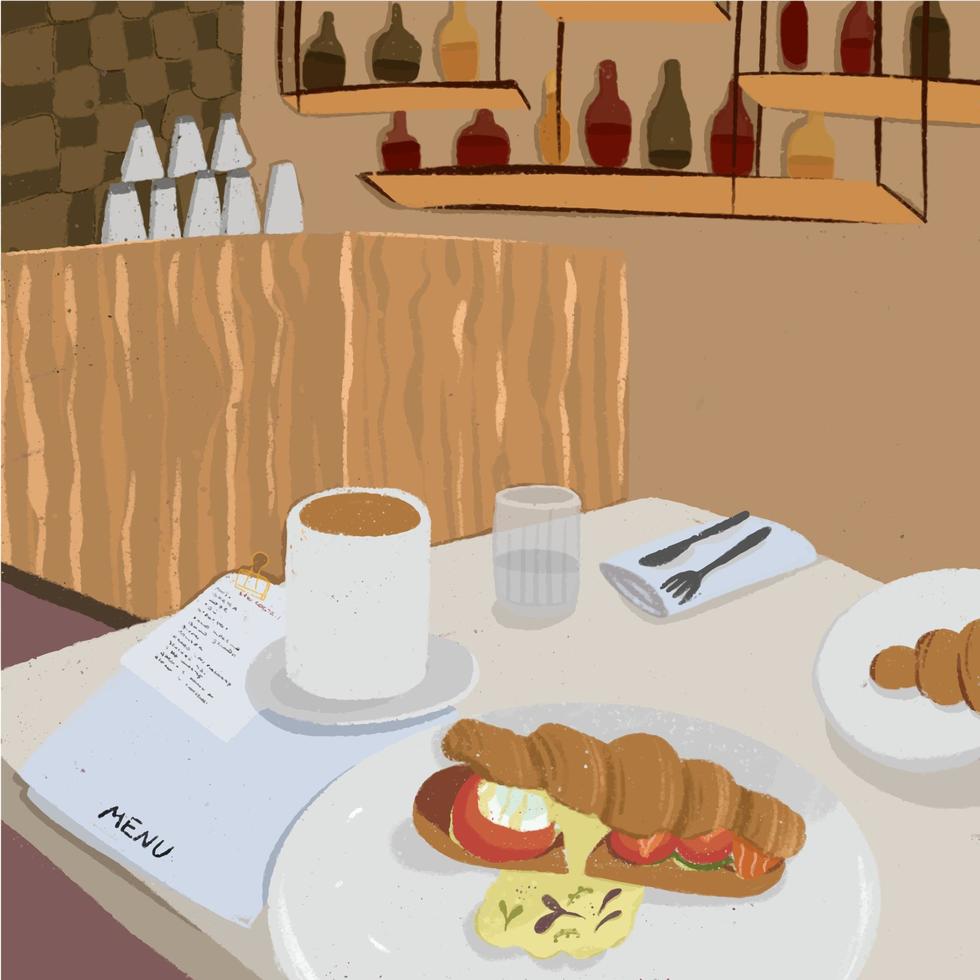 café da manhã no restaurante. croissant e café. interior do café, menu vetor