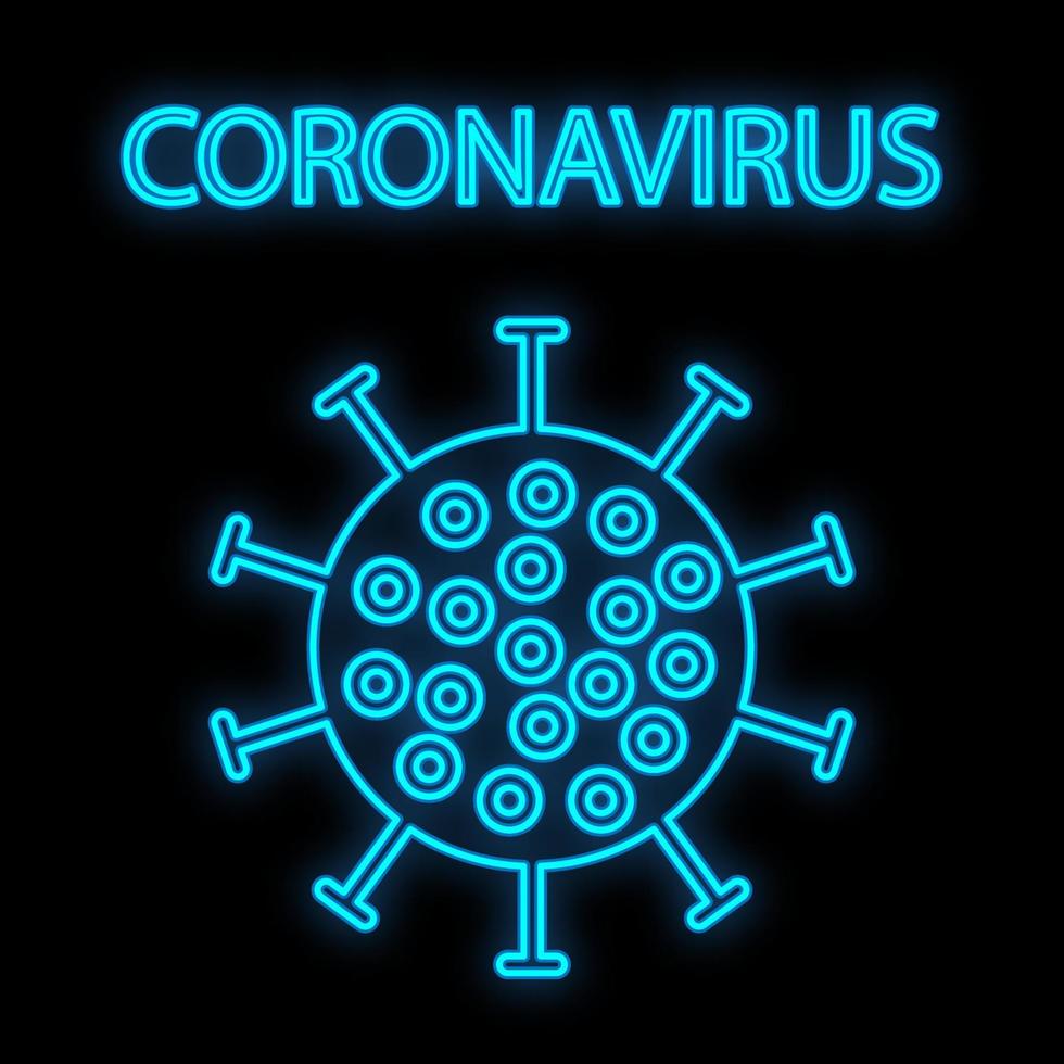 sinal de néon digital científico médico azul brilhante para farmácia de laboratório hospitalar linda com vírus pandêmico de coronavírus em fundo preto. ilustração vetorial vetor