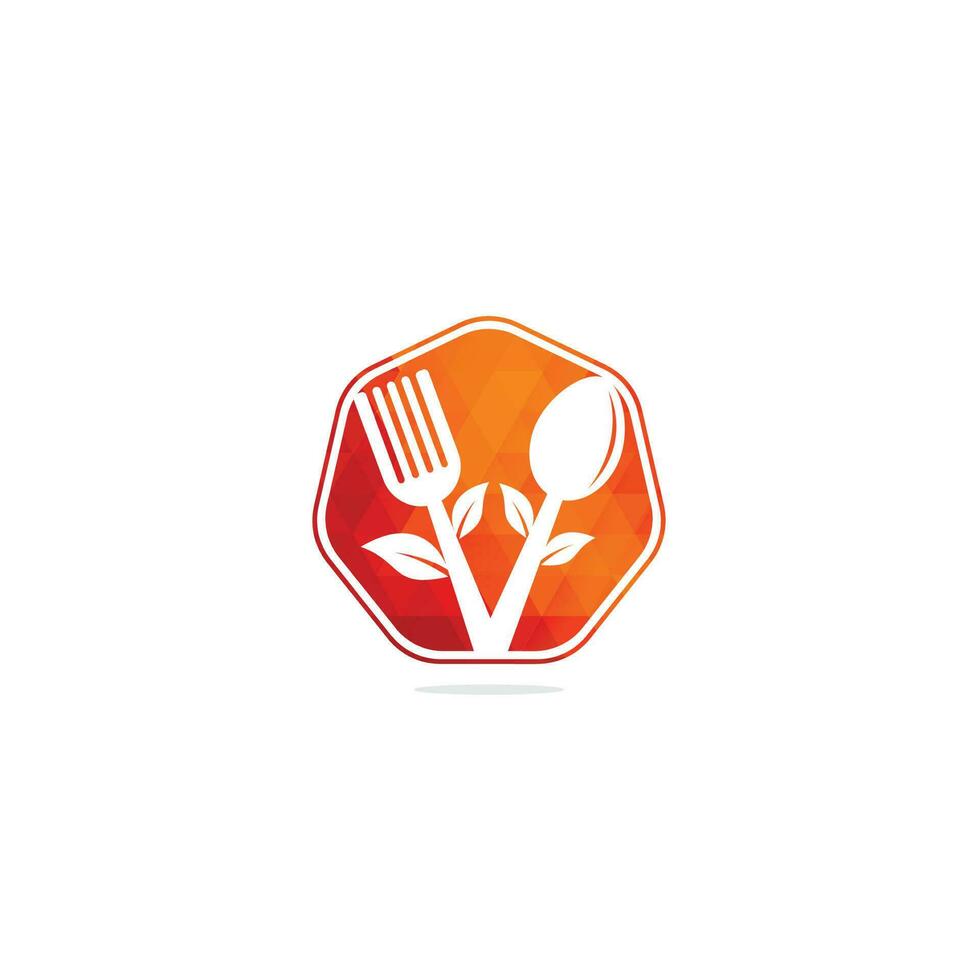 design de logotipo de comida saudável. logotipo de alimentos orgânicos. logotipo de comida com colher, garfo e folhas. logotipo de comida. logotipo de comida saudável de talheres de folha vetor