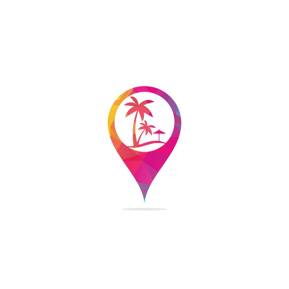 modelo de design de logotipo de conceito de forma de pino de mapa de praia. designs de logotipo de verão. praia tropical e design de logotipo de palmeira. vetor