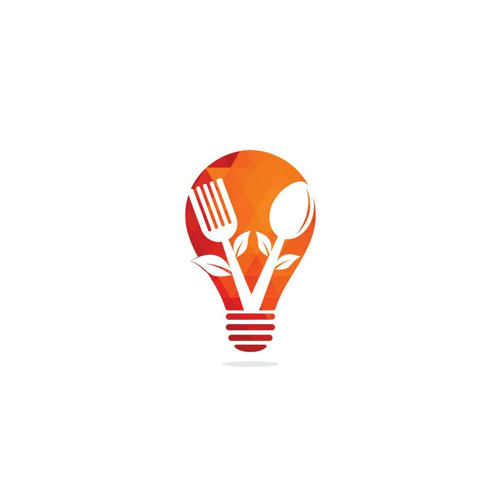 design de logotipo de conceito de forma de bulbo de comida saudável. logotipo de alimentos orgânicos. logotipo de comida com colher, garfo e folhas. logotipo de comida. vetor
