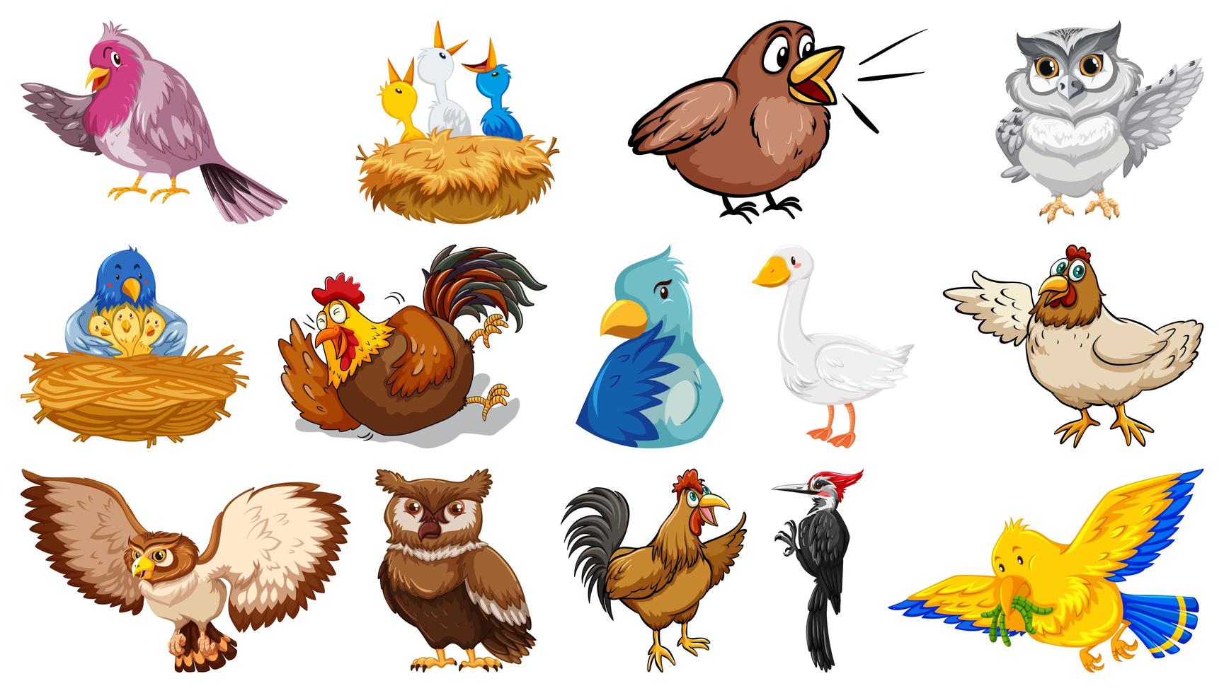 conjunto de diferentes estilos de desenho de pássaros vetor