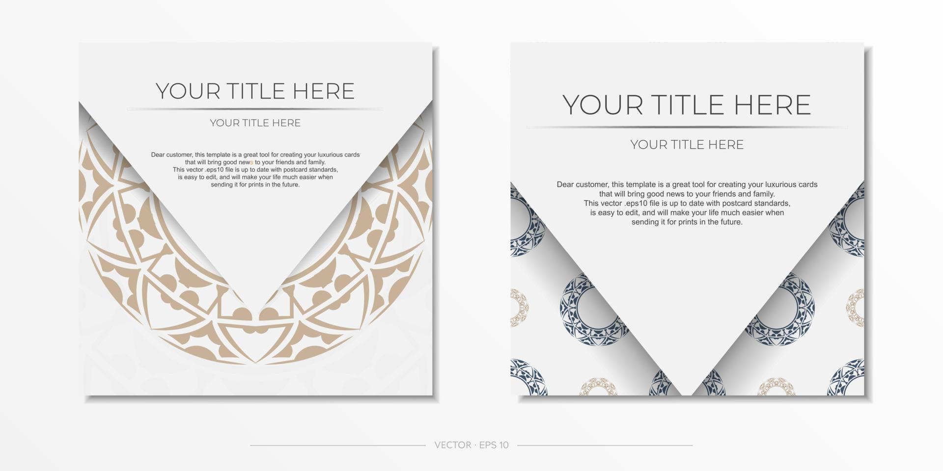 luxuoso design pronto para imprimir de cartão de cor branca com ornamentos. modelo de convite com espaço para seu texto e padrões abstratos. vetor