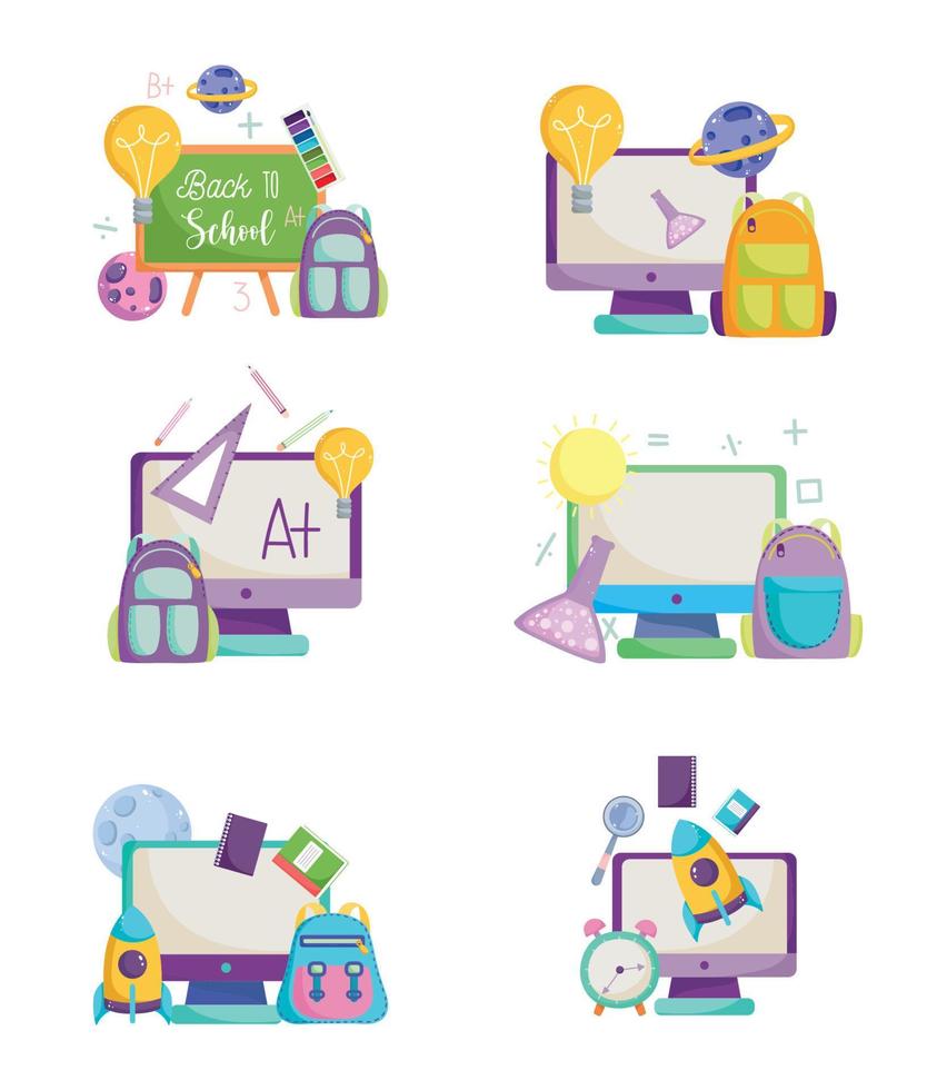 volta às aulas, bolsas de computador on-line lousa criatividade educação primária ícones dos desenhos animados vetor