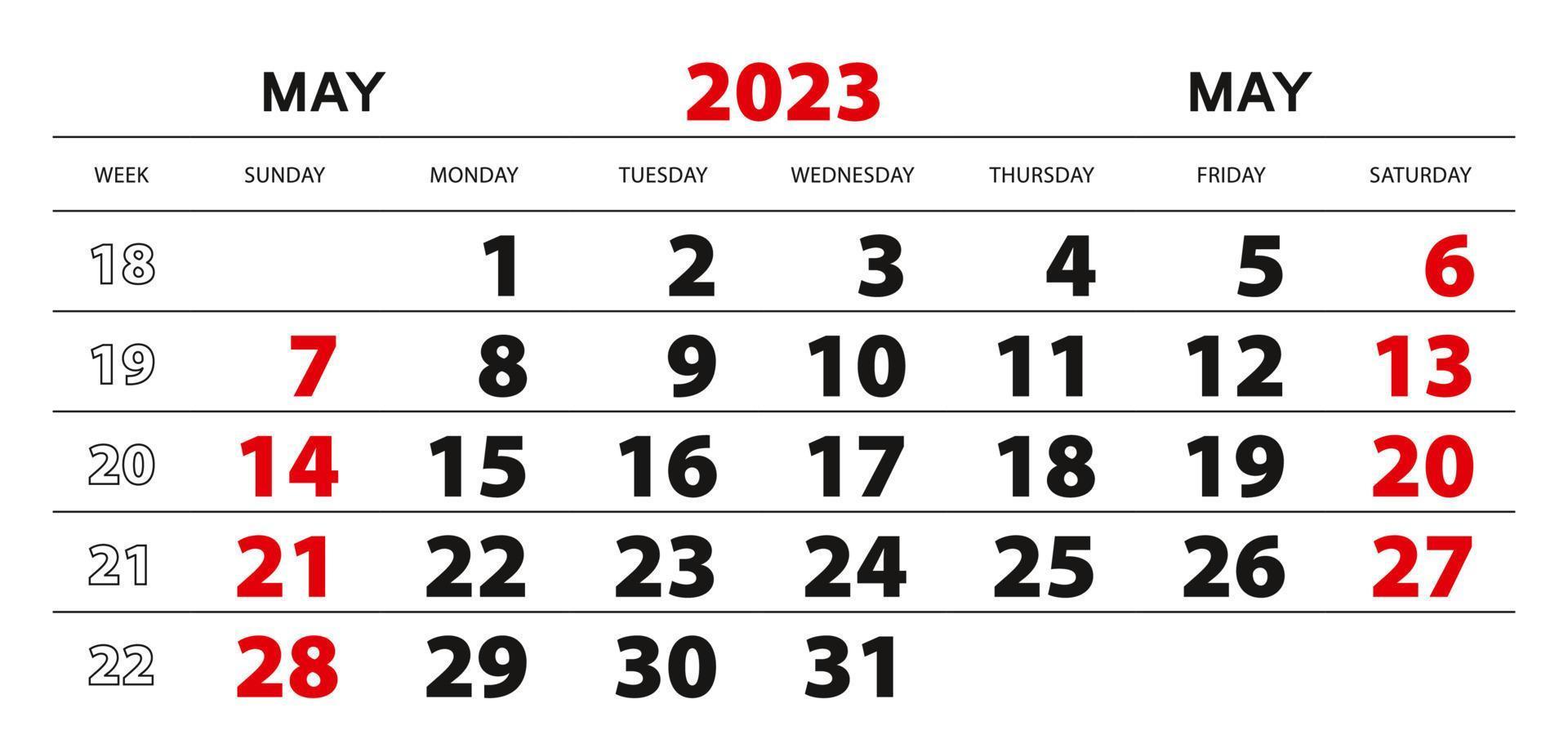 calendário de parede 2023 para maio, semana a partir de domingo. vetor