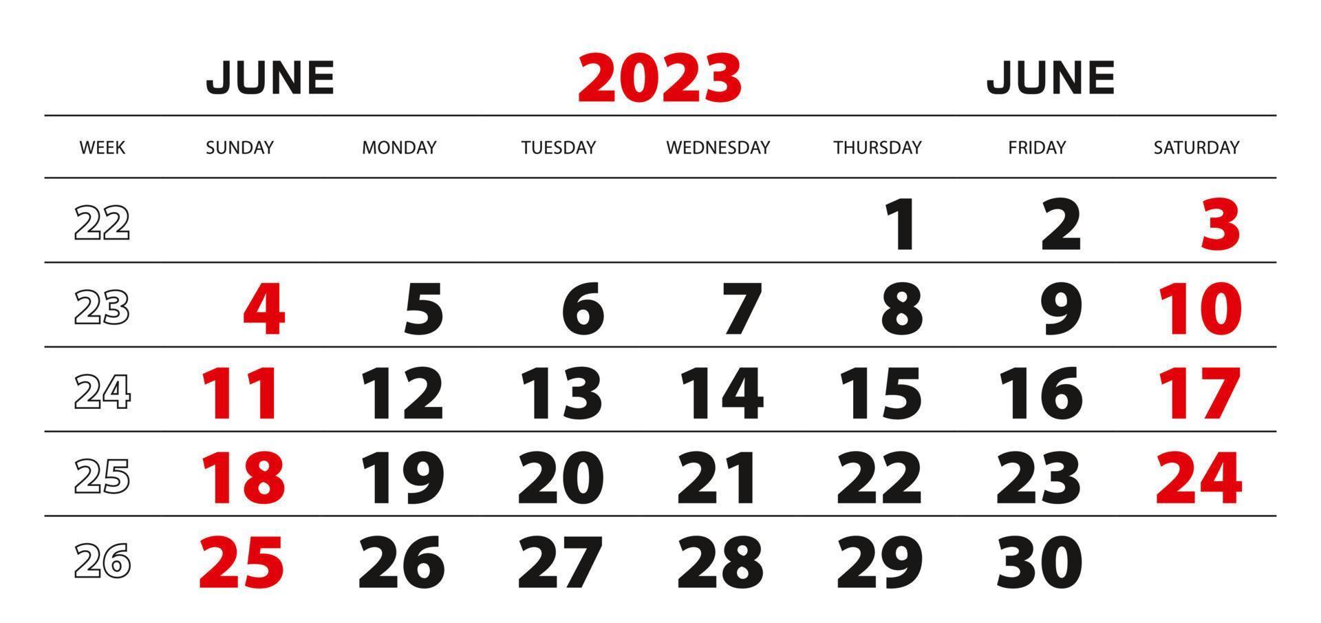 calendário de parede 2023 para junho, início da semana a partir de domingo. vetor