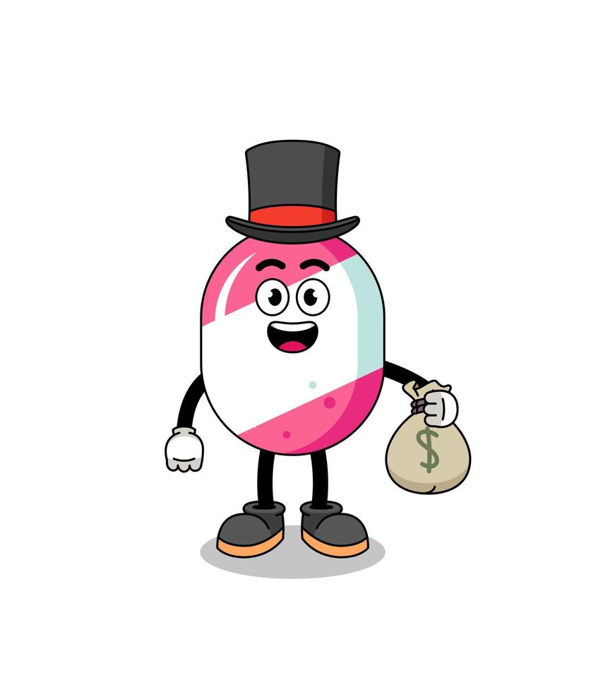 ilustração de mascote de doces homem rico segurando um saco de dinheiro vetor