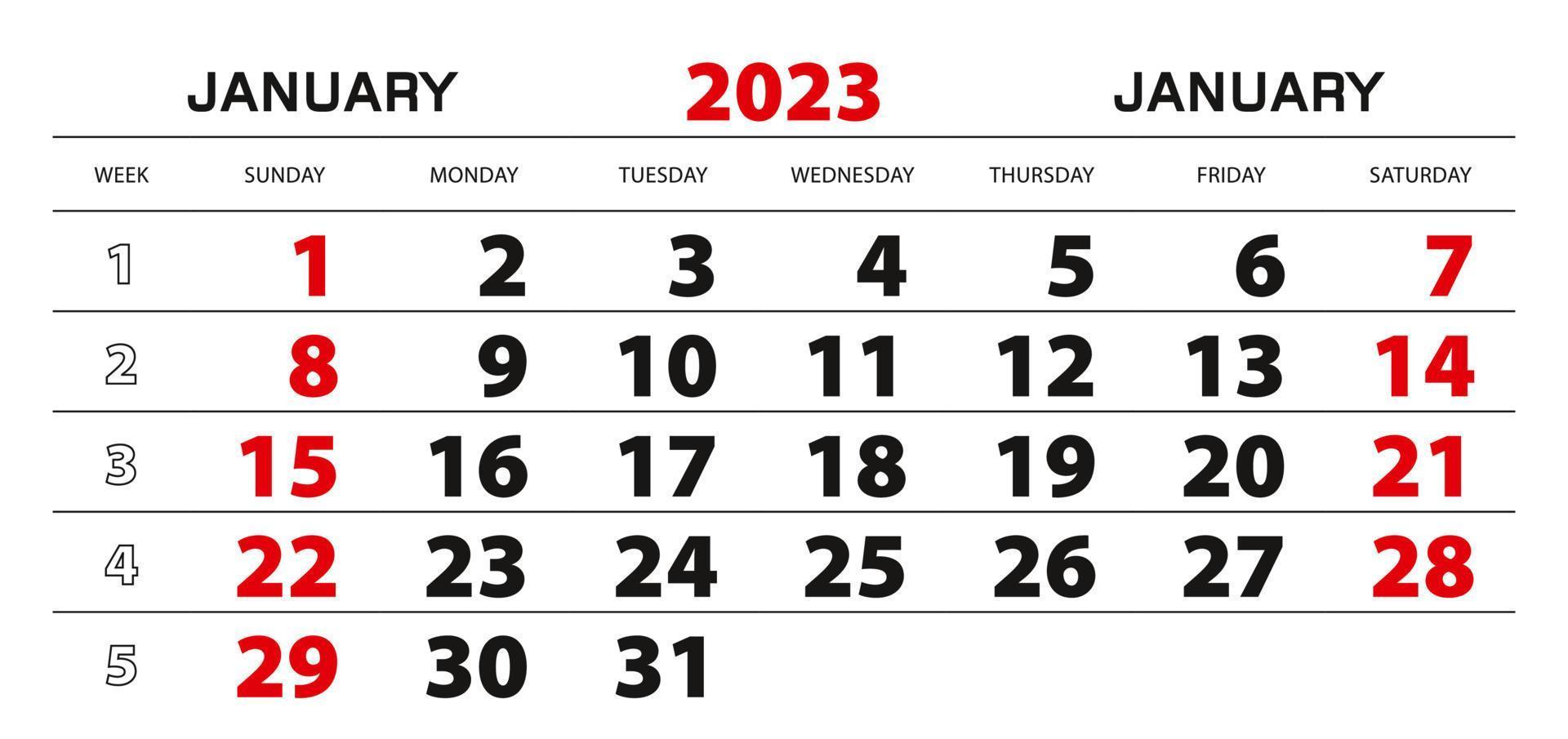 calendário de parede 2023 para janeiro, início da semana a partir de domingo. vetor