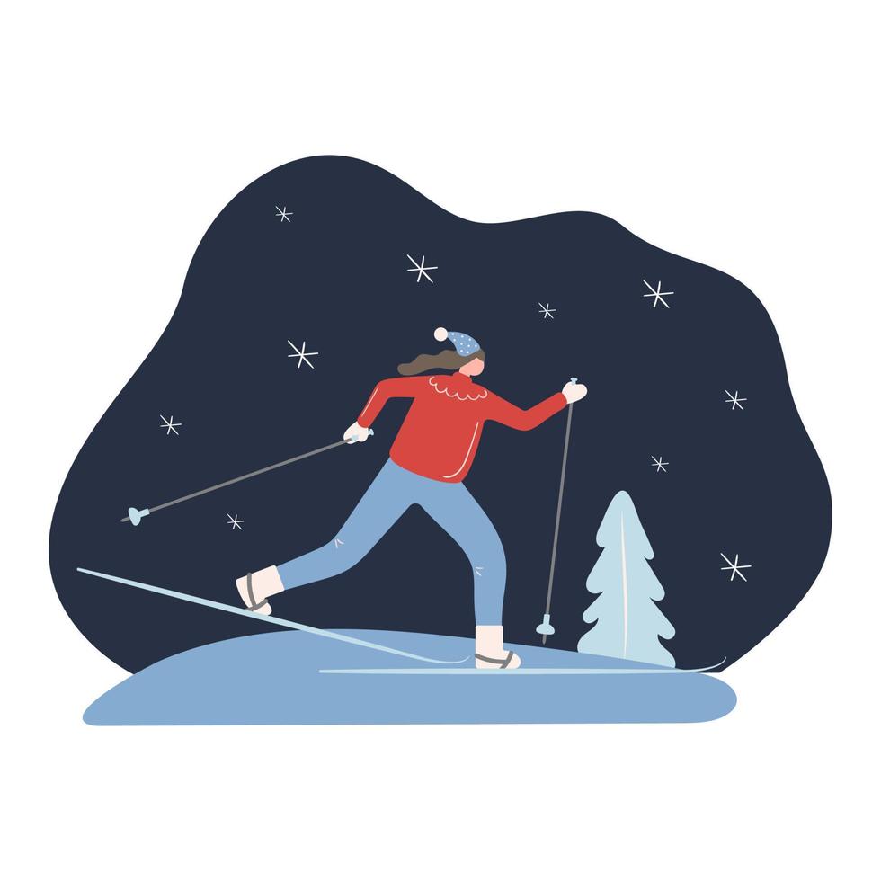 mulher esquiando na floresta. ilustração vetorial vetor