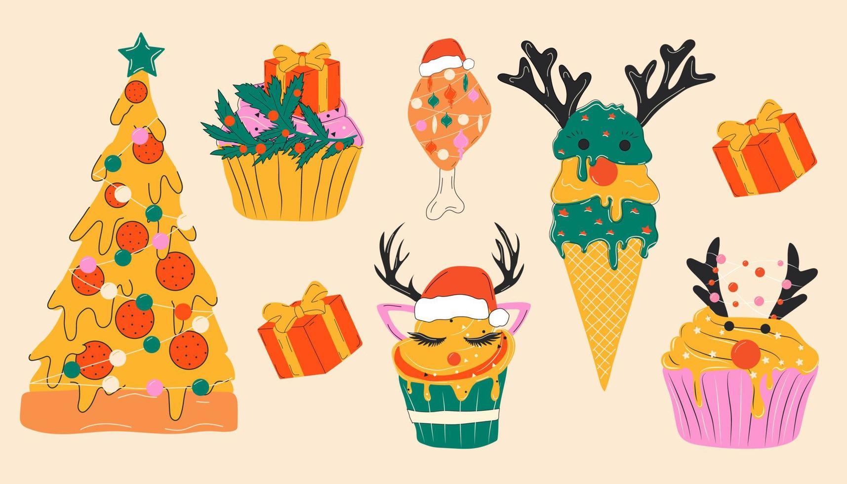 conjunto de natal pizza de comida fofa, sorvete, cupcakes decorados com decorações de natal. todos os elementos são isolados vetor