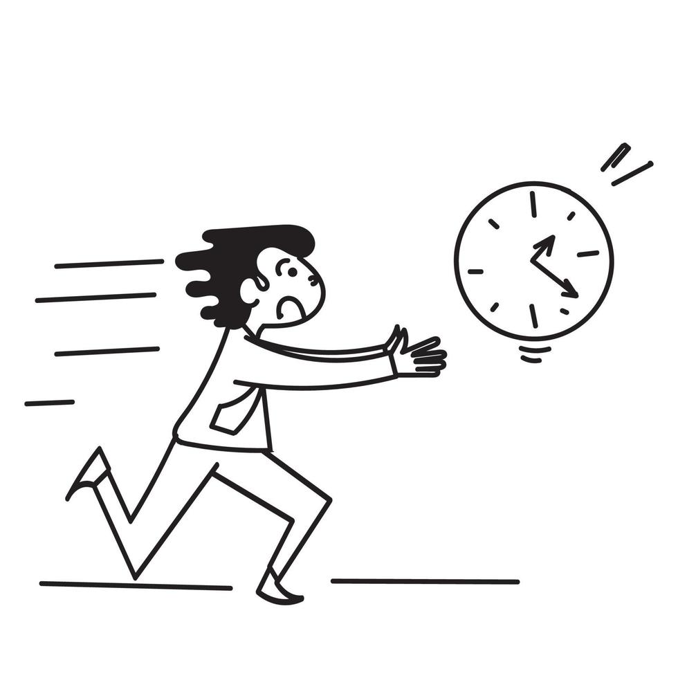 pessoas desenhadas à mão doodle pessoas correndo atrás da ilustração do relógio vetor