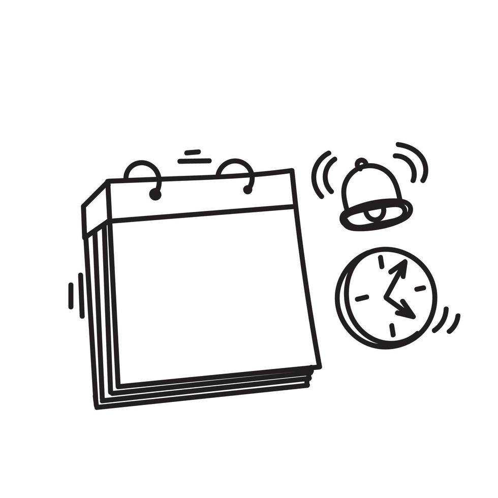 lembrete de calendário de doodle desenhado à mão com vetor de ilustração de relógio