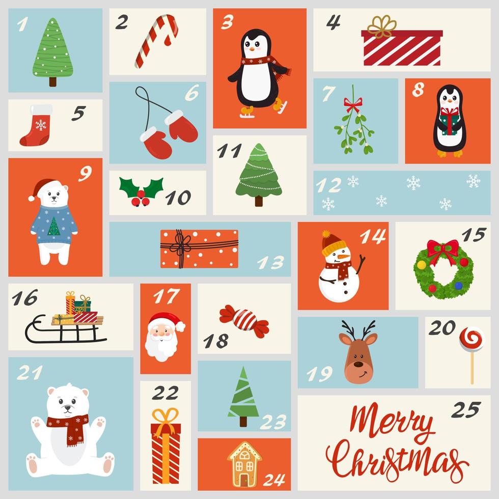 calendário do advento de natal com elementos fofos. cartaz engraçado de natal. calendário de contagem regressiva. ilustração vetorial vetor