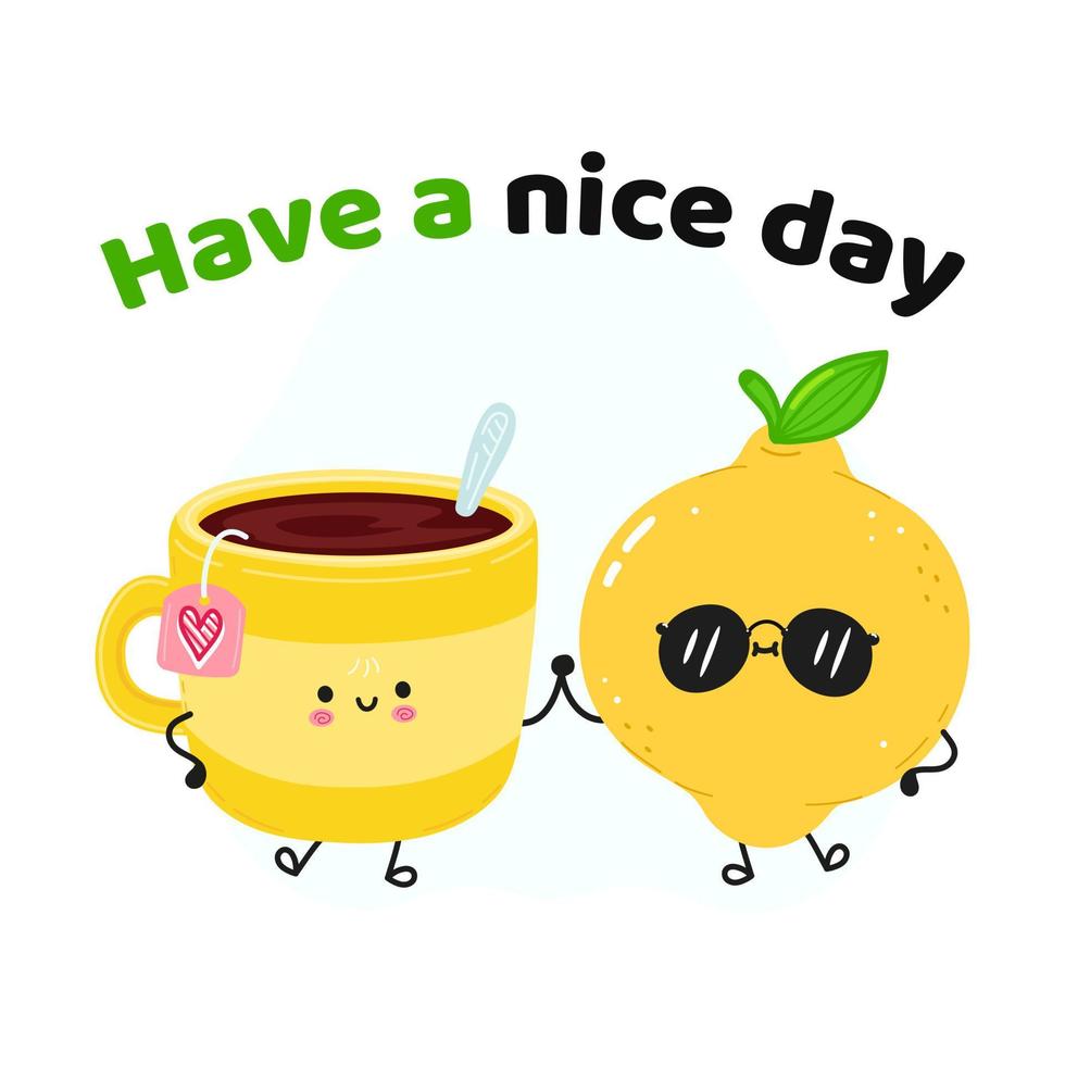 bonito feliz xícara de chá e cartão de limão. vector mão desenhada doodle estilo cartoon personagem ilustração ícone design. feliz xícara de chá e cartão de conceito de amigos de limão