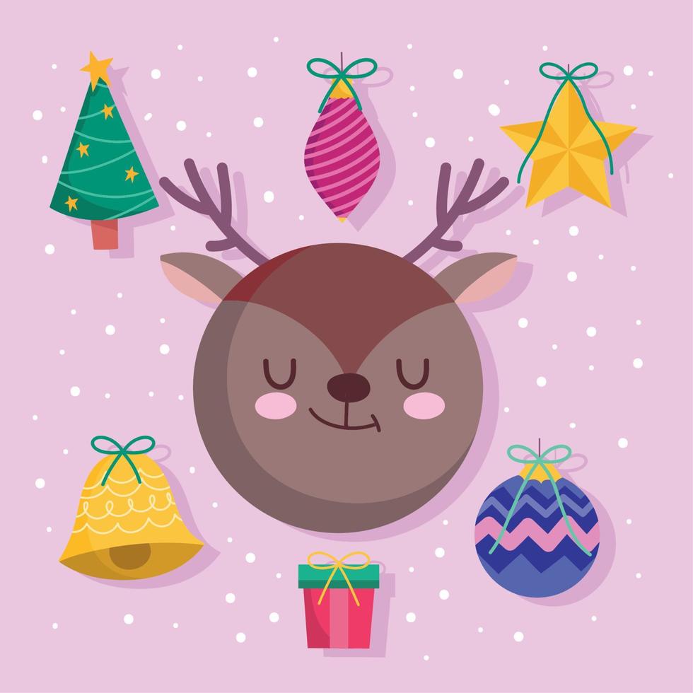 feliz natal bolas de veado árvore e decoração de sino e ícones de temporada de ornamento vetor