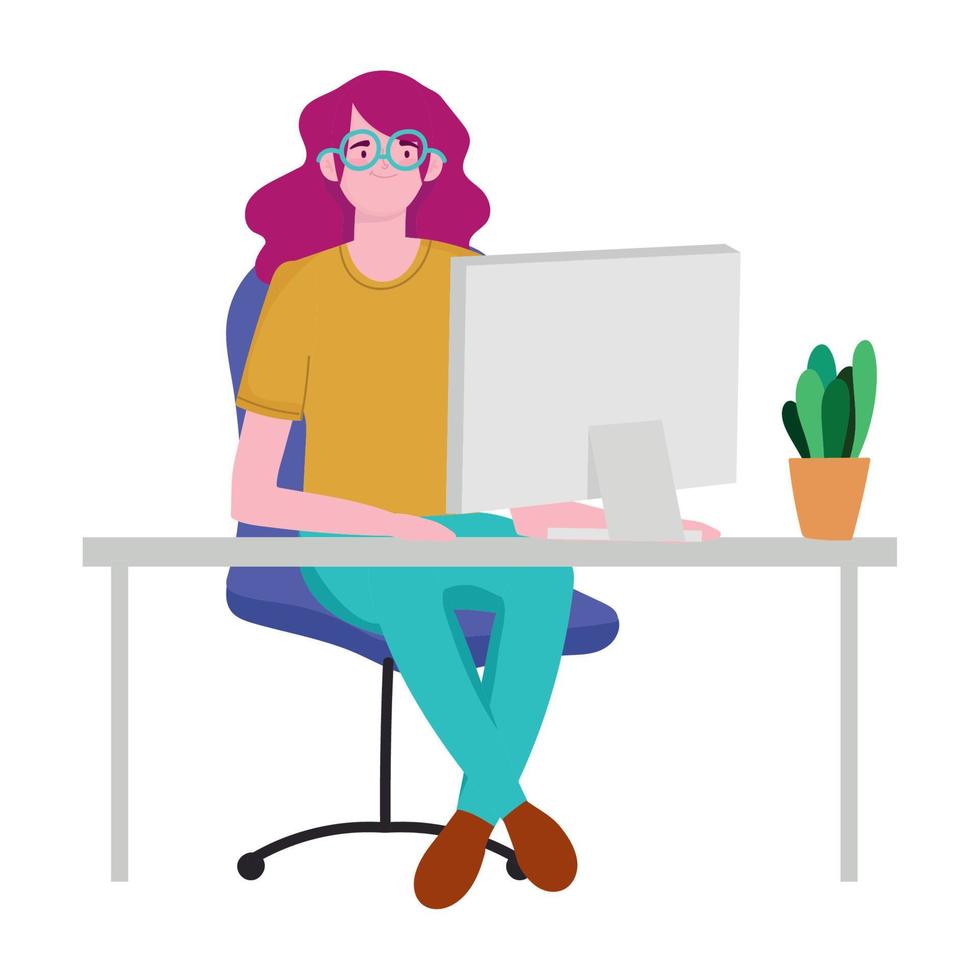 mulher freelancer trabalhando no laptop no local de trabalho vetor
