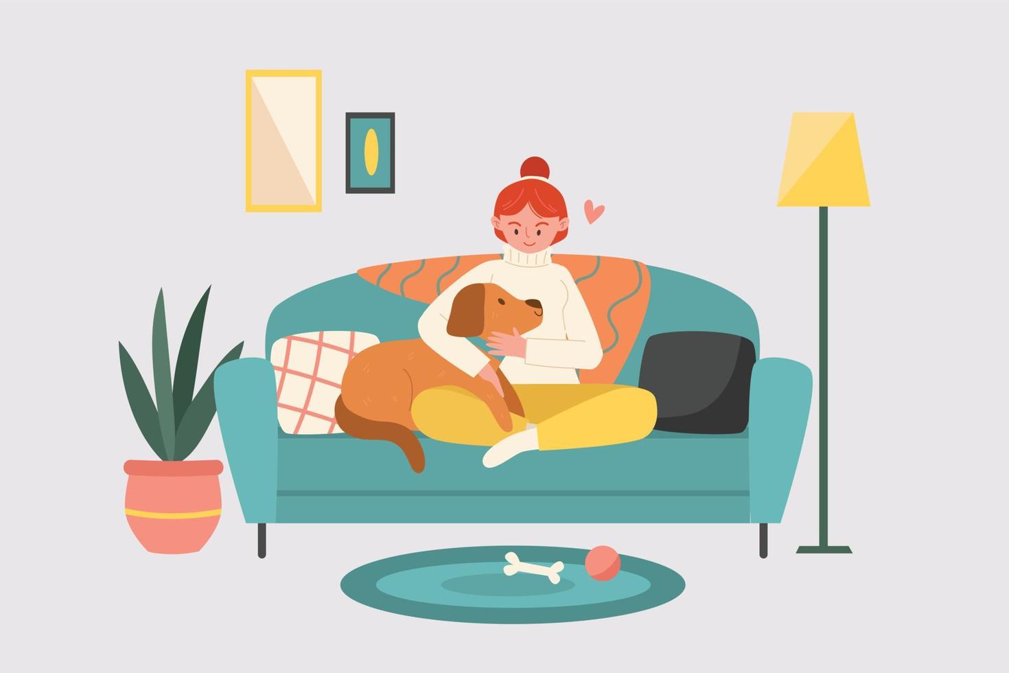 mulher sentada no sofá com seu cachorro vetor