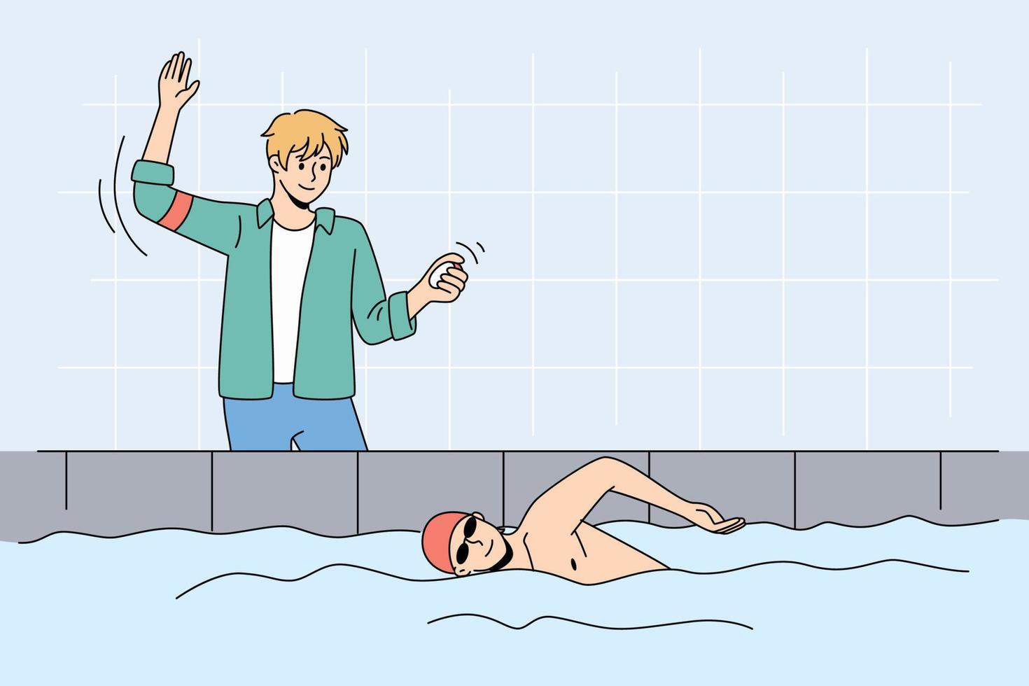 treinador ou treinador verificar o tempo de exercício do nadador profissional na bacia interna. supervisor ensina o homem a nadar, treinando na piscina. estilo de vida saudável, esporte e atividade física. ilustração vetorial. vetor