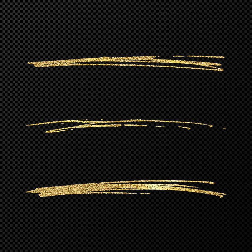 ondas brilhantes abstratas de confete brilhante. conjunto de três pinceladas douradas desenhadas à mão em fundo preto transparente. ilustração vetorial vetor