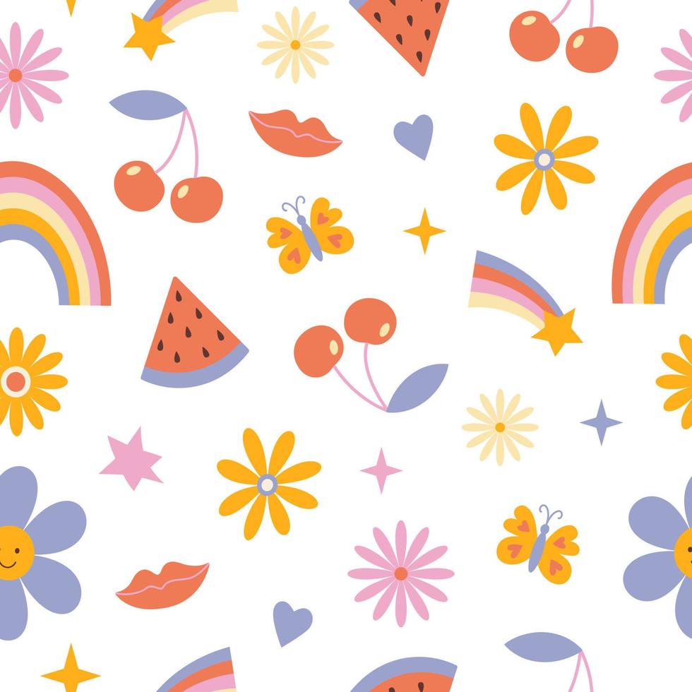 vintage padrão sem costura em estilo hippie retrô no estilo dos anos 70 e 80. flores, margaridas, arco-íris, estrelas. conceito pastel. ilustração em vetor plana dos desenhos animados.