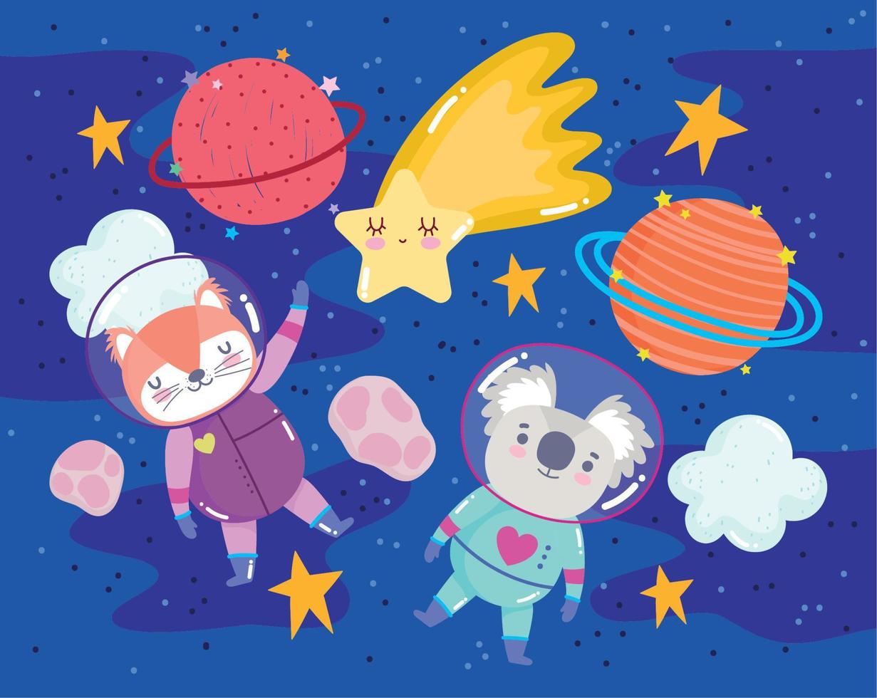 astronauta coala e raposa com planetas e estrelas aventura espacial galáxia cartoon vetor