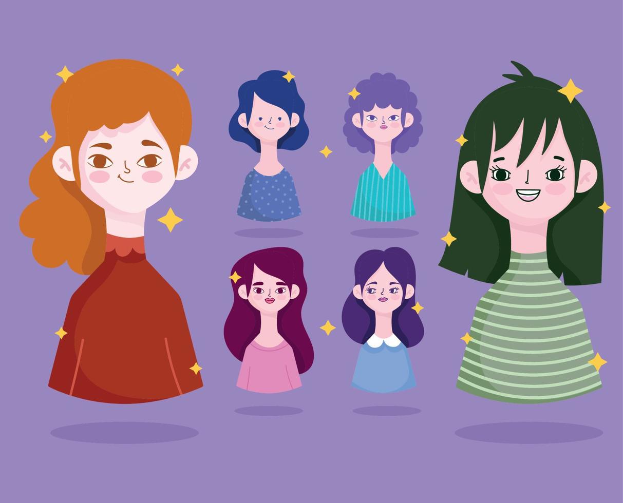 conjunto de design de avatar de desenho animado de perfil de mulheres diferentes vetor