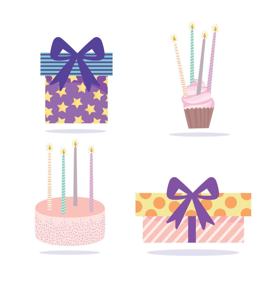 feliz aniversário, cupcake de bolo de caixas de presente e ícones de velas decoração de celebração dos desenhos animados vetor