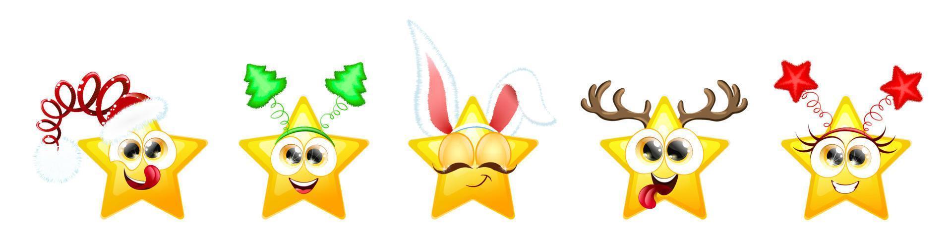 bonito engraçado emoji estrelas conjunto de vetor de natal. estrelas com chapéu de papai noel, orelhas de coelho, chifres de veado, árvore de natal e tiaras de estrelas