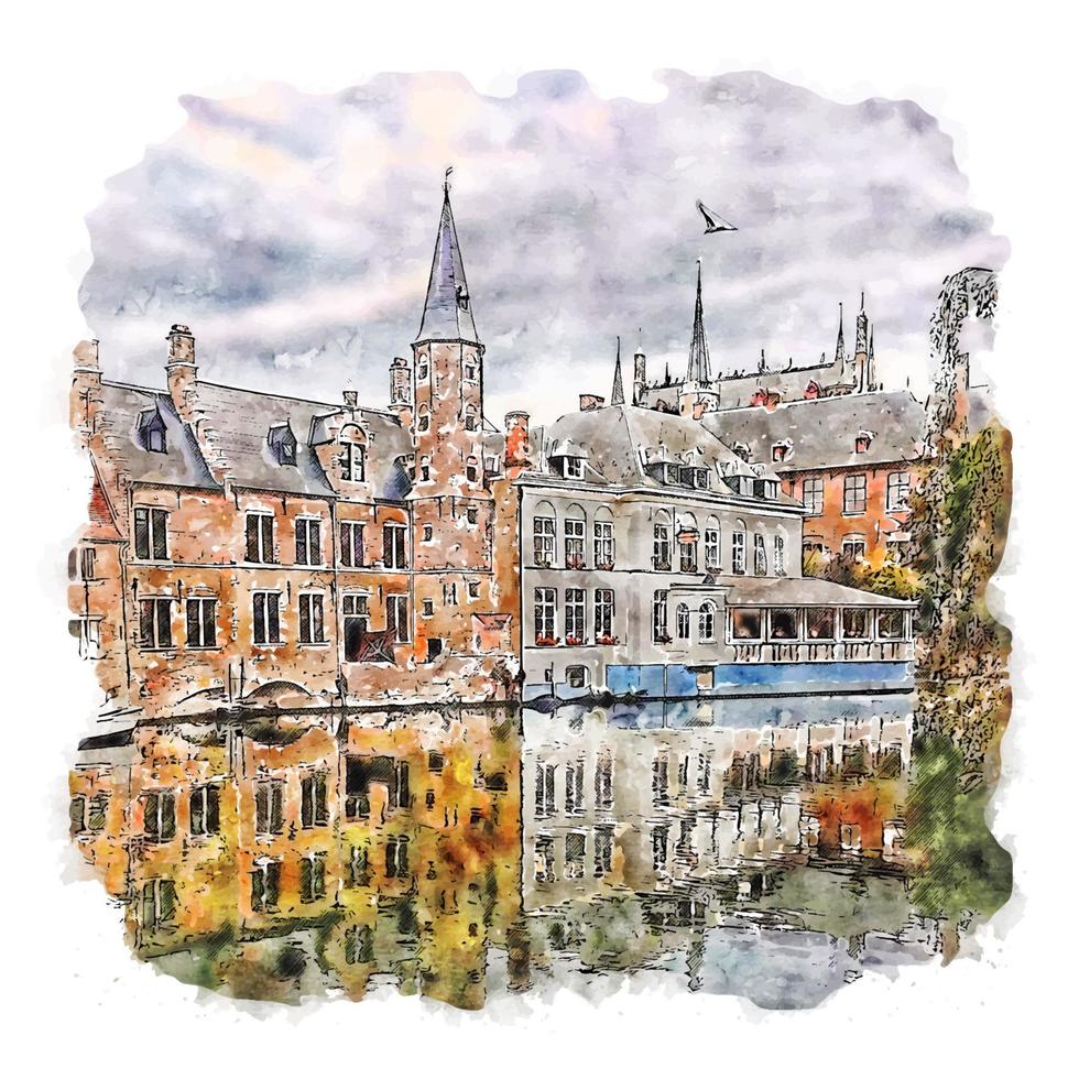 bruges bélgica esboço em aquarela ilustração desenhada à mão vetor