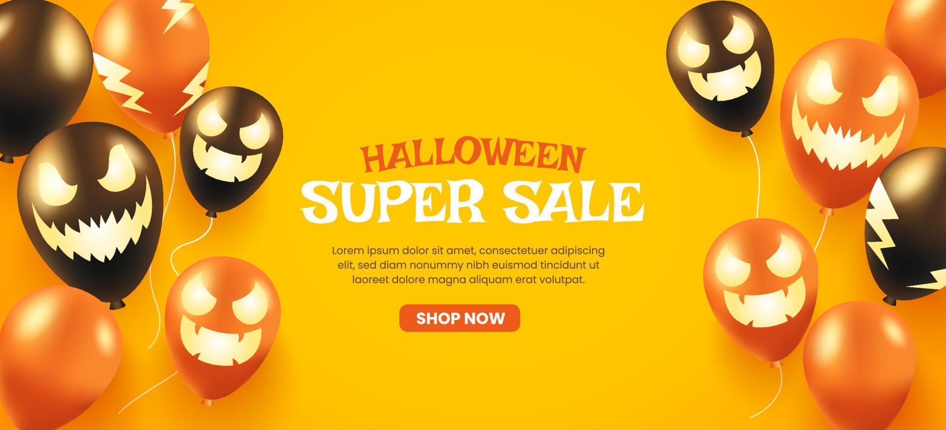 banner de desconto de promoção de super venda de halloween com balão fantasma 3d vetor