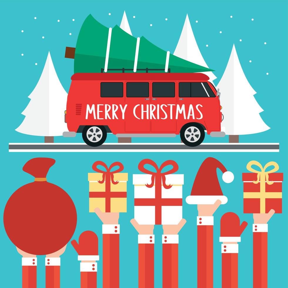 feliz natal greatings conceito de design plano. microônibus com árvore de natal vetor