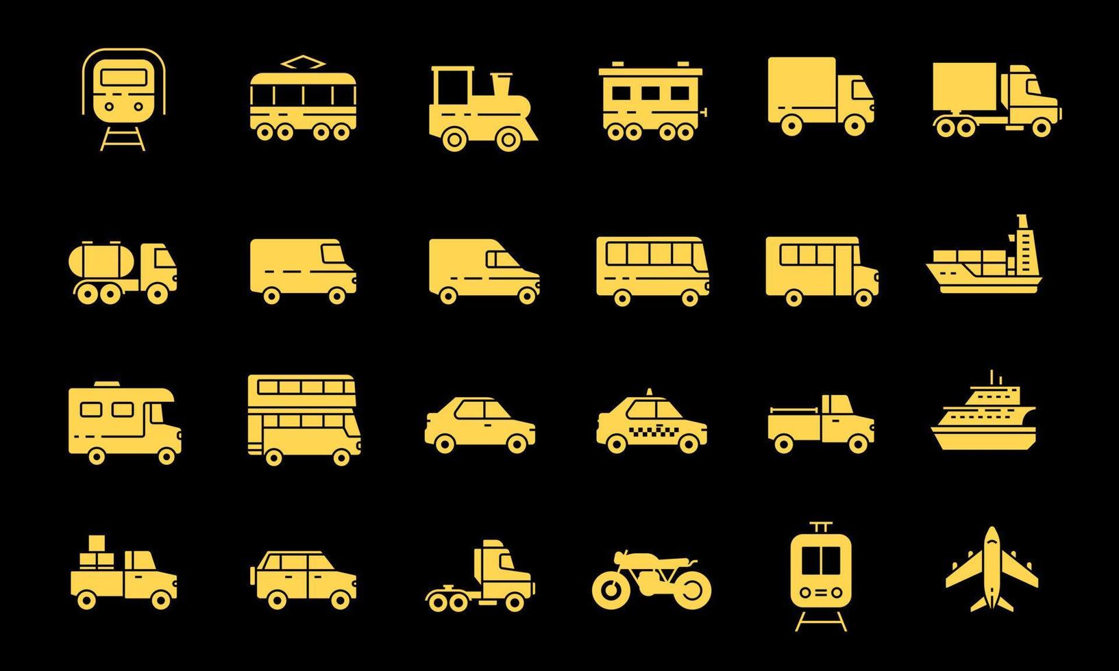 conjunto de glifo de ícone de transporte e veículo. adequado para elemento de design de transporte público, carga e veículo de entrega. vários tipos de linha de transporte. vetor