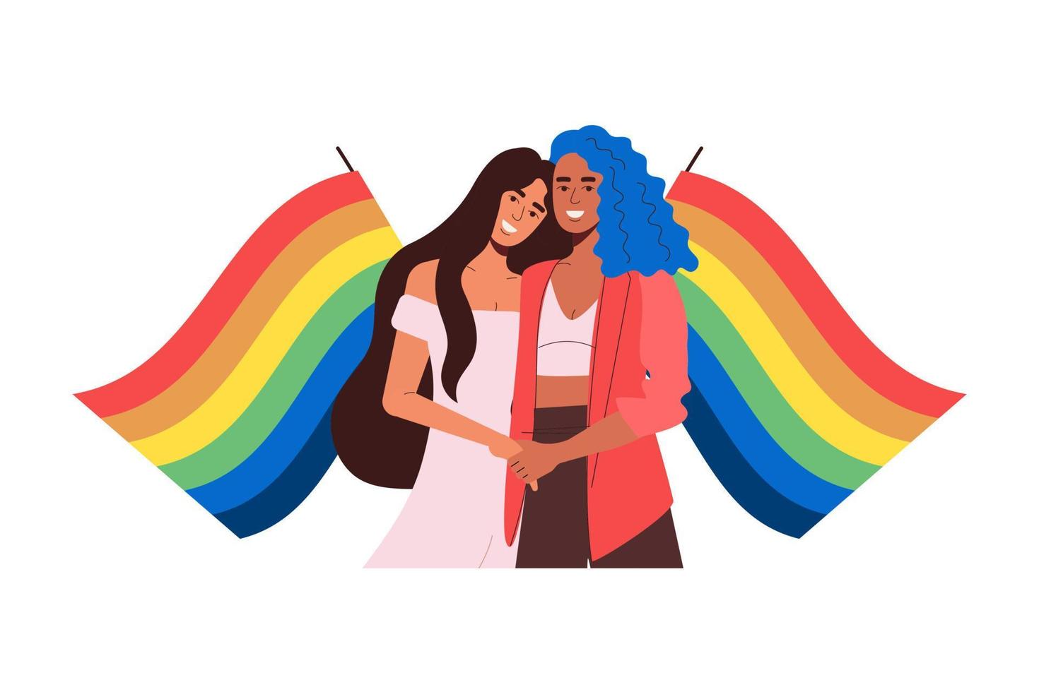 uma mulher se casa com um amigo de cabelo azul. bandeiras e orgulho do arco-íris lgbt vetor