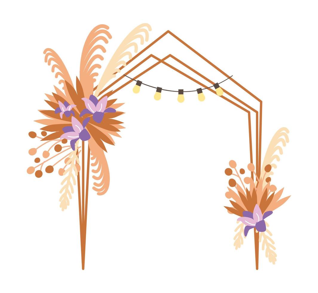 arco de casamento em estilo ecológico. boho decoração floral. um lindo casamento. flores, galhos secos e lâmpadas vetor