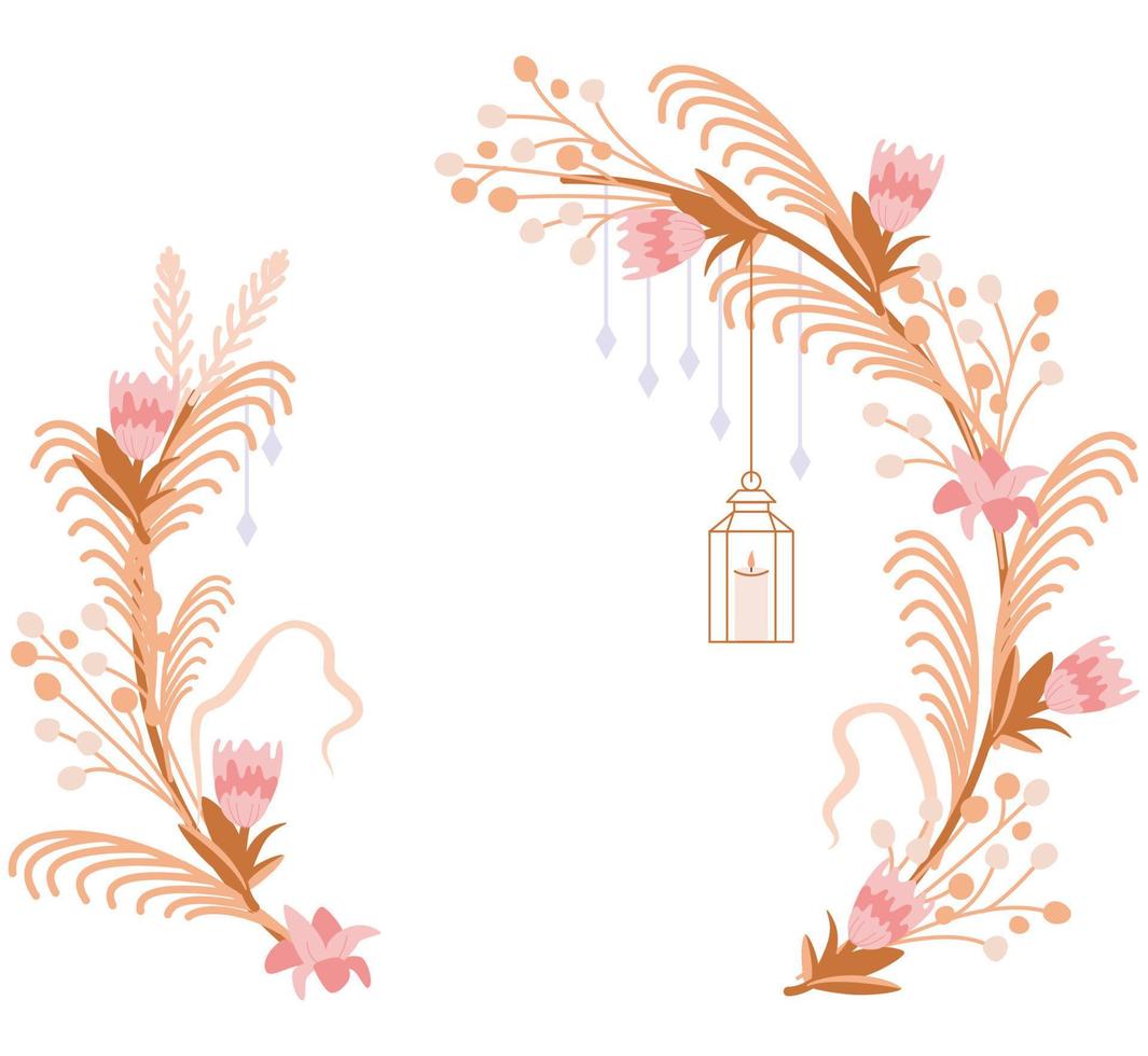 arco de casamento em estilo ecológico. boho decoração floral. um lindo casamento. flores, galhos secos e uma lanterna vetor