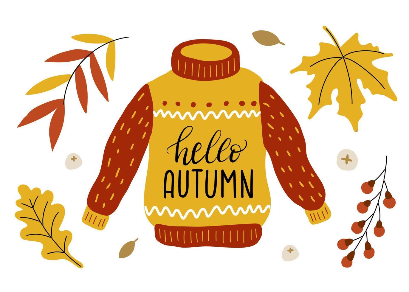 camisola quente com letras Olá outono. roupas quentes, bordo, queda de folhas de outono, bagas e bolota. outono e roupas quentes vetor