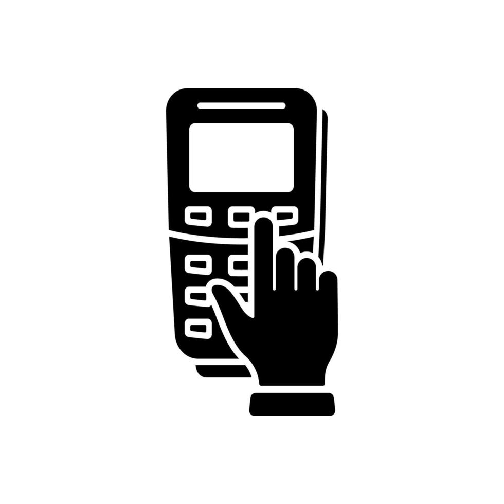 mão digite a senha no pos para pictograma de glifo de pagamento. código PIN de combinação no símbolo do teclado do terminal. número da chave do banco de segurança de entrada para o ícone de silhueta de pagamento. ilustração vetorial isolado. vetor