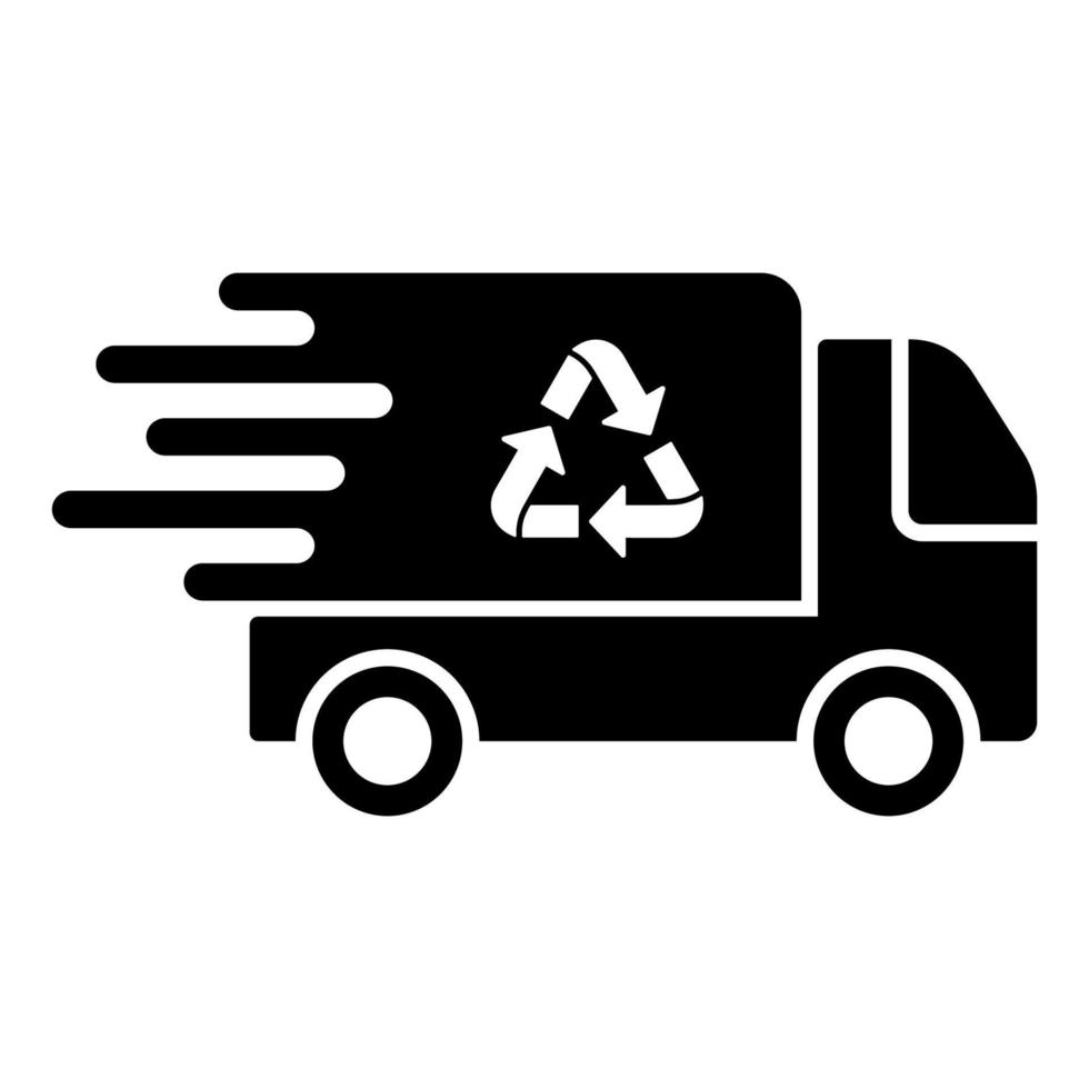 caminhão de lixo rápido com símbolo de reciclagem. ícone de silhueta. transporte de veículos para eliminação de resíduos pictograma de glifo. símbolo da indústria de serviço de ecologia de transporte de lixo. ilustração vetorial isolado. vetor