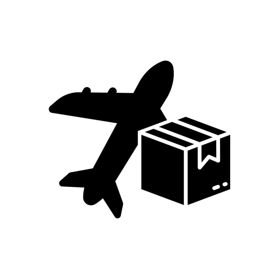 avião de carga entregar ícone de silhueta de caixa de encomendas. pictograma de glifo de serviço de entrega rápida de ar internacional. ícone mundial de entrega de negócios de transporte de avião de carga. ilustração vetorial isolado. vetor