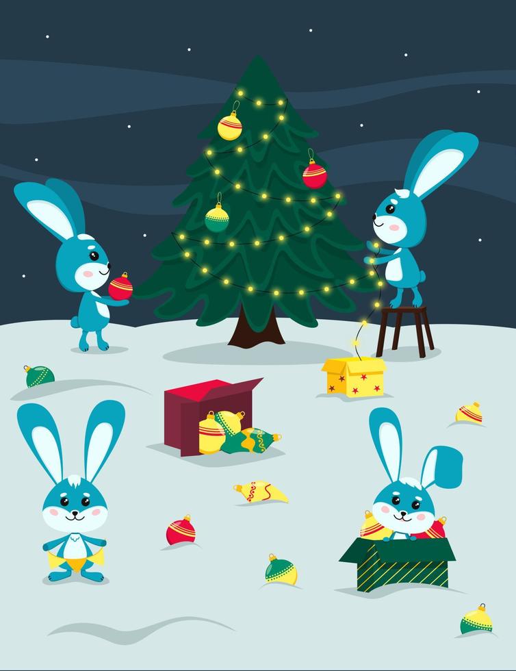 coelhinhos azuis bonitos na neve decoram a árvore de natal com bola e guirlanda, presente, natal, ano novo, símbolo do ano, ilustração vetorial vetor