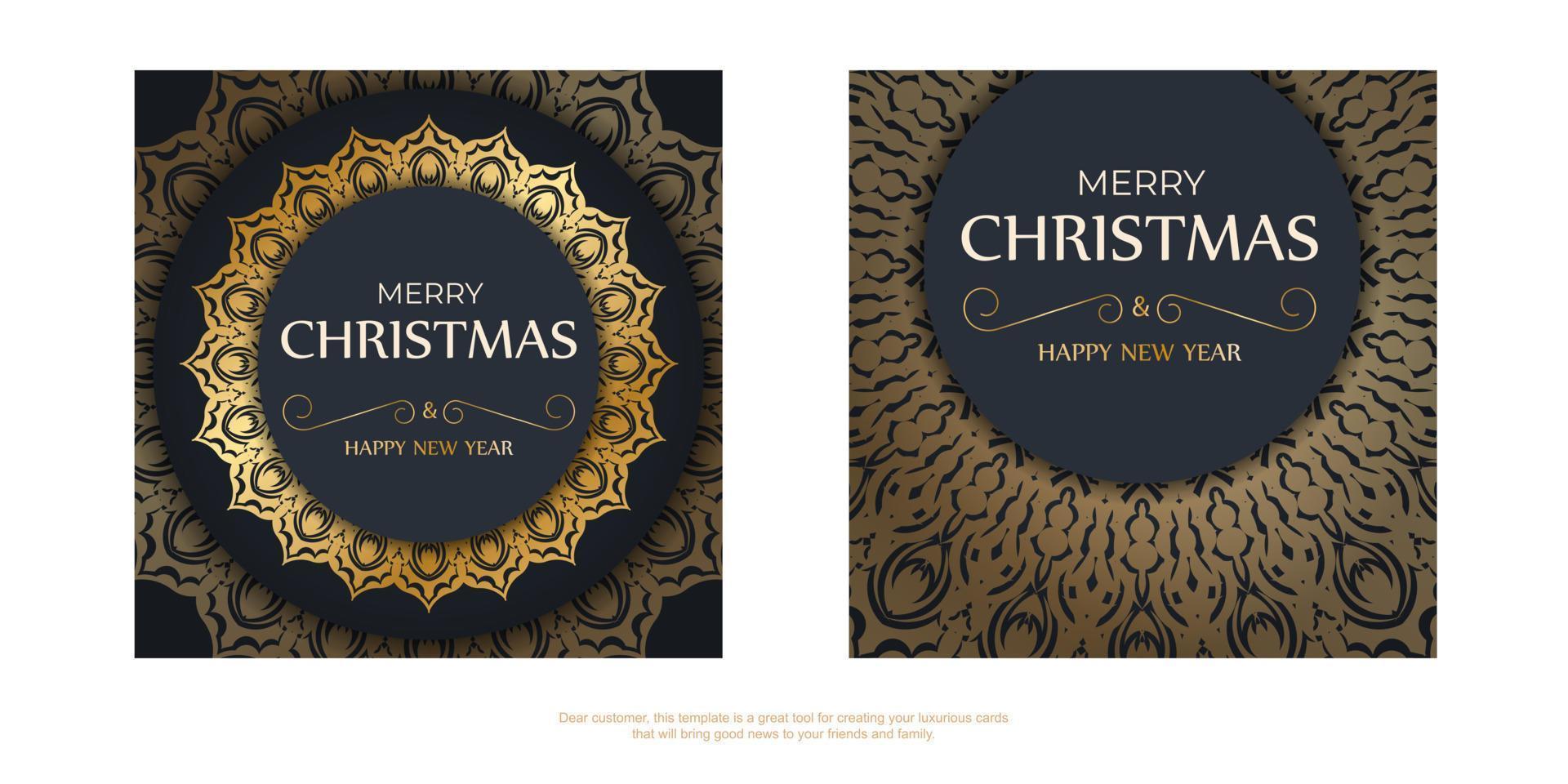 feliz natal e feliz ano novo modelo de cartão na cor azul escuro com padrão de ouro de luxo vetor