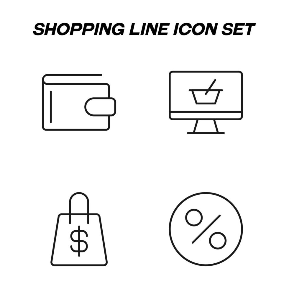 sinais de contorno minimalista desenhados em estilo simples. traço editável. ícone de linha vetorial definido com símbolos de carteira, loja de internet, dólar na sacola de compras, por cento vetor