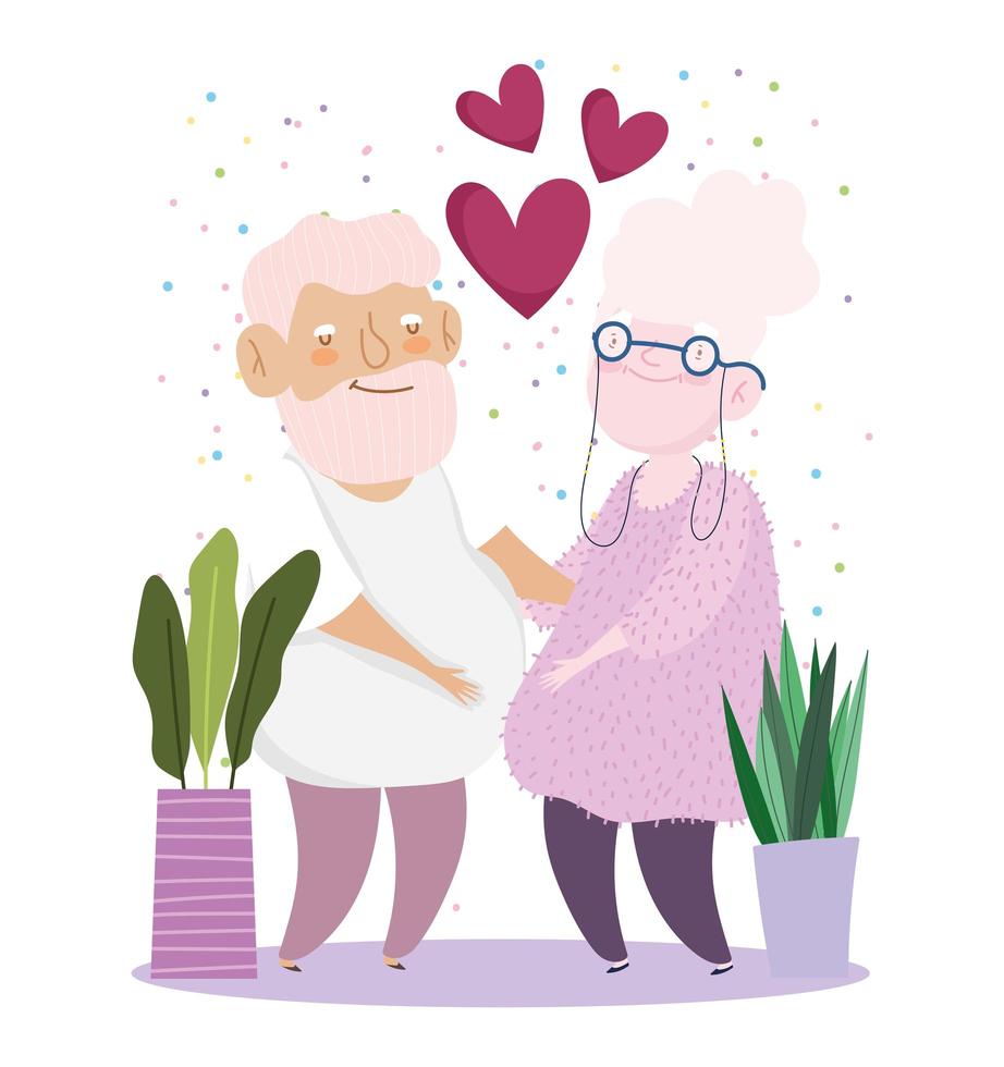 casal de idosos com vasos de plantas vetor