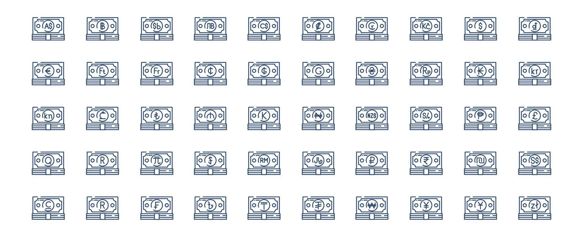 coleção de ícones relacionados a moeda e dinheiro, incluindo ícones como dólar, euro, iene e muito mais. ilustrações vetoriais, conjunto perfeito de pixels vetor