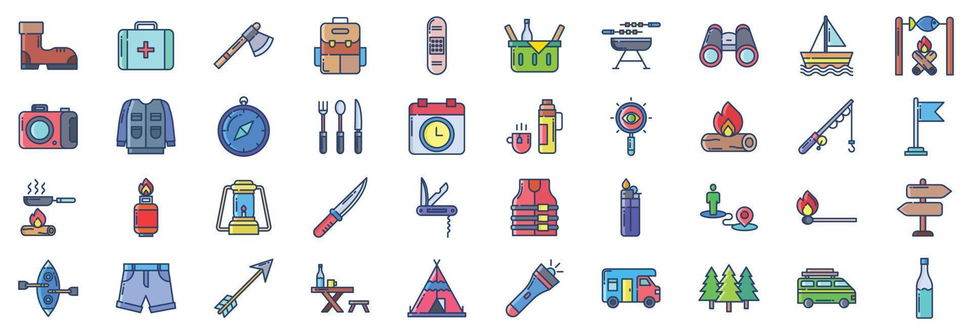 coleção de ícones relacionados a camping e trekking, incluindo ícones como binóculos, fogueira, barco e muito mais. ilustrações vetoriais, conjunto perfeito de pixels vetor