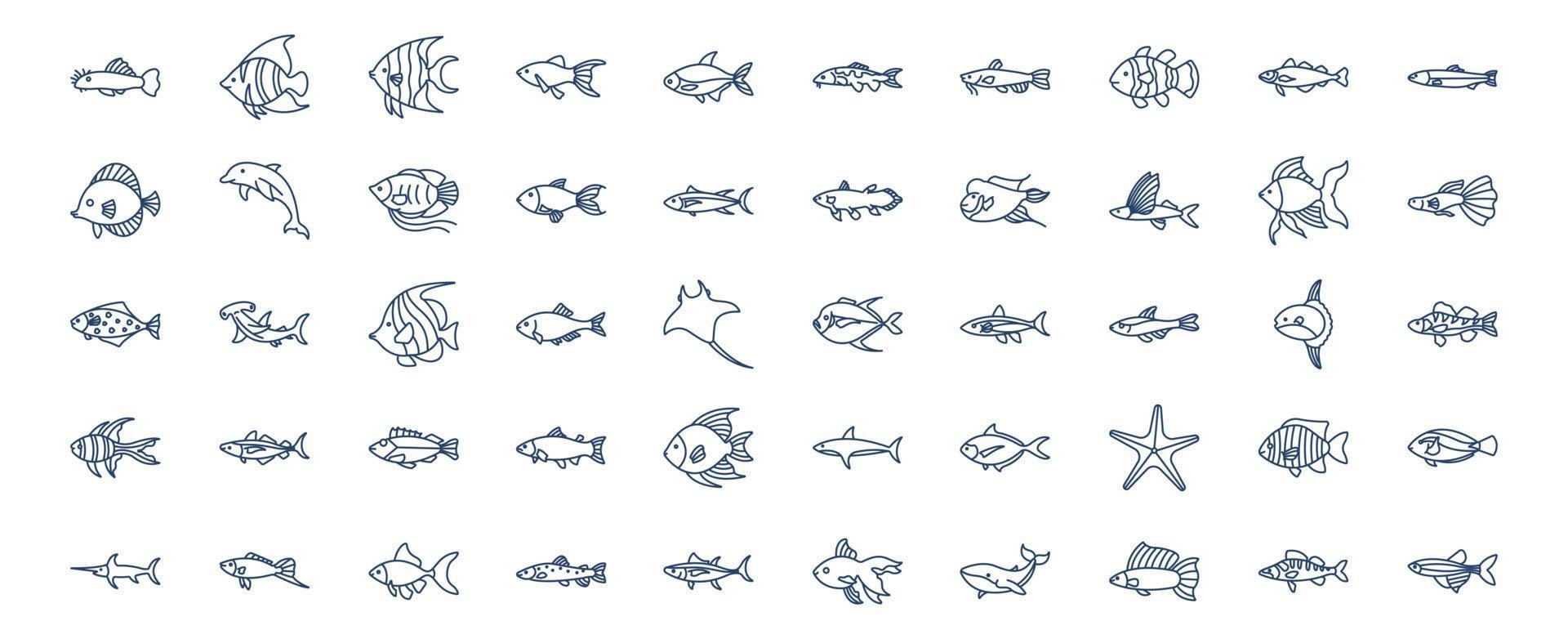 coleção de ícones relacionados a peixes, incluindo ícones como golfinho, peixe estrela, baleia, peixe tubarão e muito mais. ilustrações vetoriais, conjunto perfeito de pixels vetor